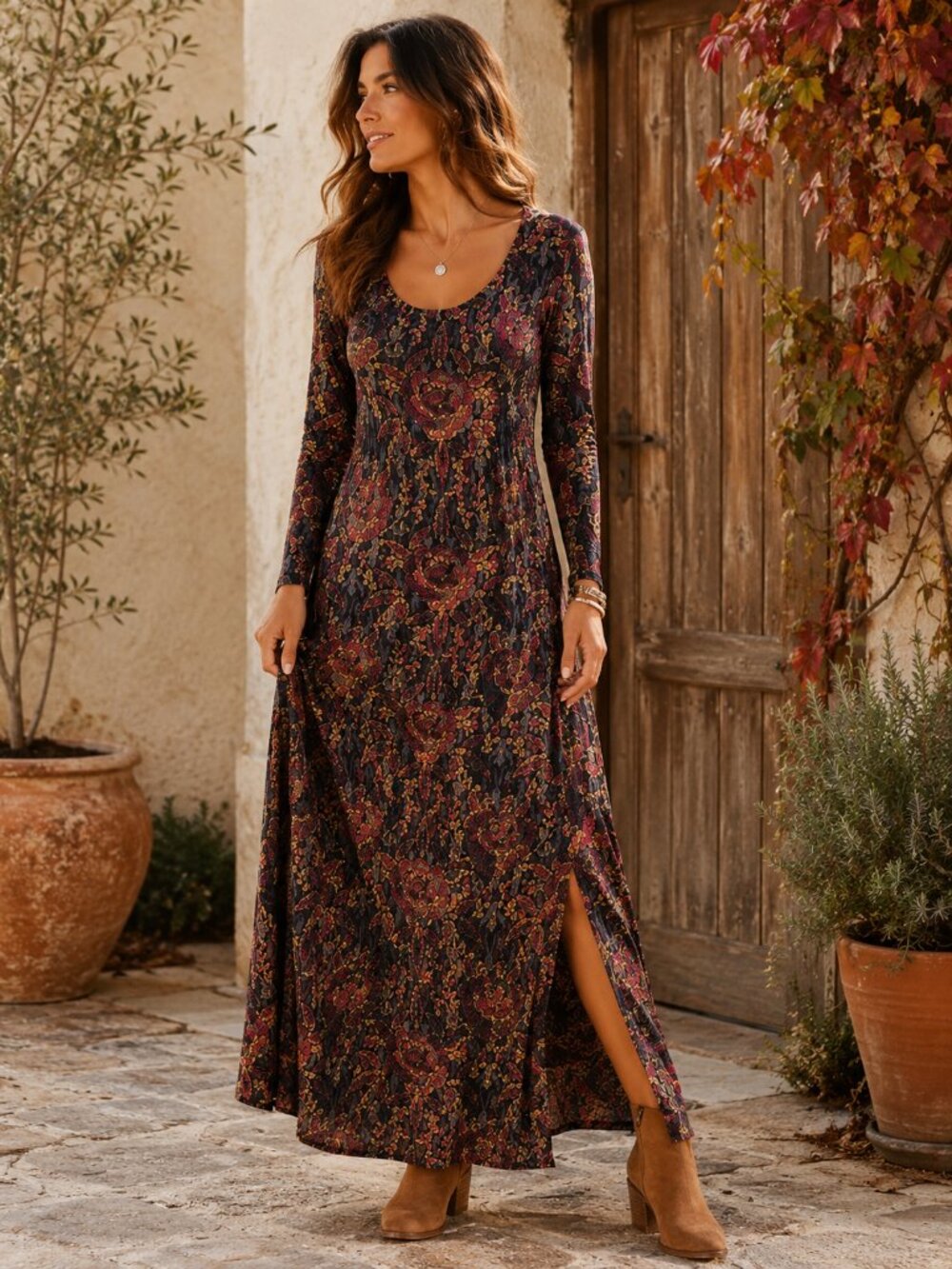 Soft Surroundings Alcott Dress XS Floral Long Sleeve Maxi Boho Autumn Cottage